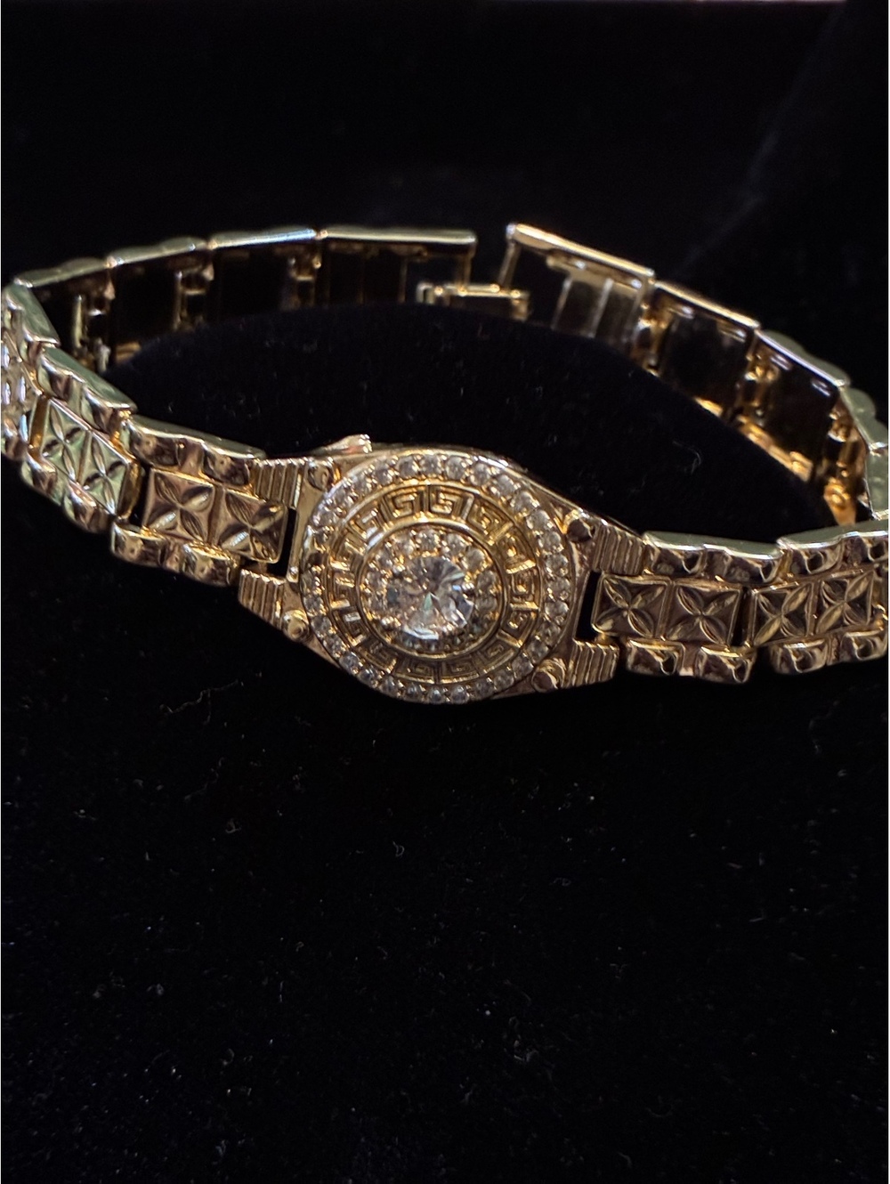 Gold-Tone Greek Key Medallion Link Bracelet – CZ Halo Accent, 0.5" Wide Band 7”L